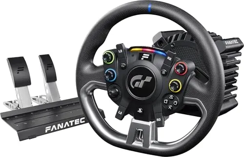 Fanatec CSL Elite Volante de Carreras, Base y Pedales Licencia Oficial Gran Turismo DD Pro Playstation – Volante Polyphony Digital, FluxBarrier Direct Drive, Juego de dos Pedales para PC, PS5, PS4