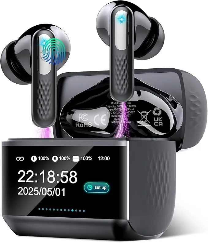 AI Auriculares Traductor en Tiempo Real con Pantalla Táctil LED, 3 en 1 Auriculares Traductores de Idiomas, 6 Modos Traducción con 164 Idiomas, Reducción de Ruido ANC+ENC, 5 Modos EQ, 48H, Negro