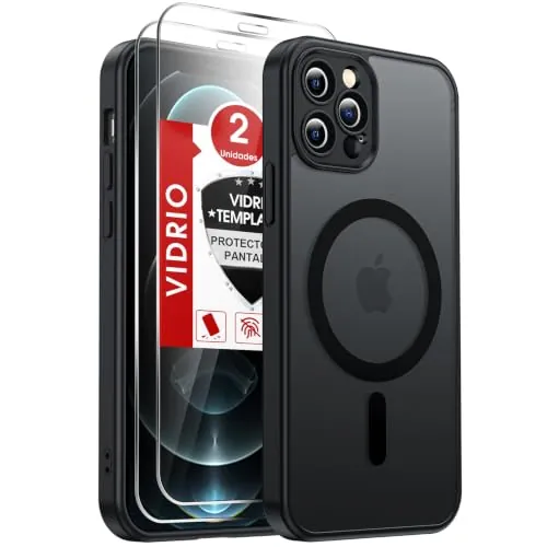 LeYi Funda Magnética para iPhone 12 Pro con 2× Cristal Templado-Negro | Compatible con MagSafe Mate Carcasa Translúcido Esmerilado Grado Militar Antigolpes Case Para iphon i phone12Pro