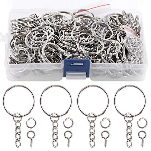 Swpeet Kit de 450 piezas de anillos para llavero plateados de 1" 25mm, incluye 150 piezas de anillos para llavero con cadena y 150 piezas de anillos de salto con 150 piezas de pasadores de ojo de