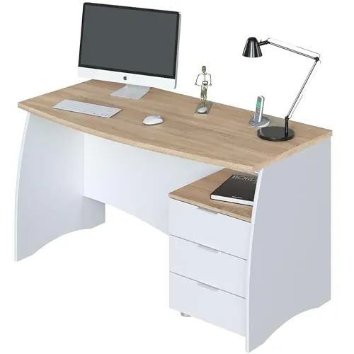 Habitdesign Mesa de Despacho con 3 Cajones, Mesa de Oficina o Estudio, Modelo Stil, Acabado en Balnco Artik y Roble Canadian, Medidas: 136 cm (Ancho) x 67 cm (Fondo) x 74 cm (Alto)