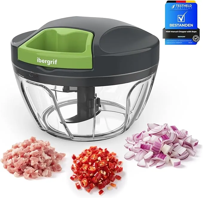 Ibergrif Manual Chopper with Rope, Multifunctional Vegetable Chopper, Vegetable Chopper with Lid, BPA Free, Easy to Clean, Easy Pull Food Chopper for Vegetables, Fruits, Nuts