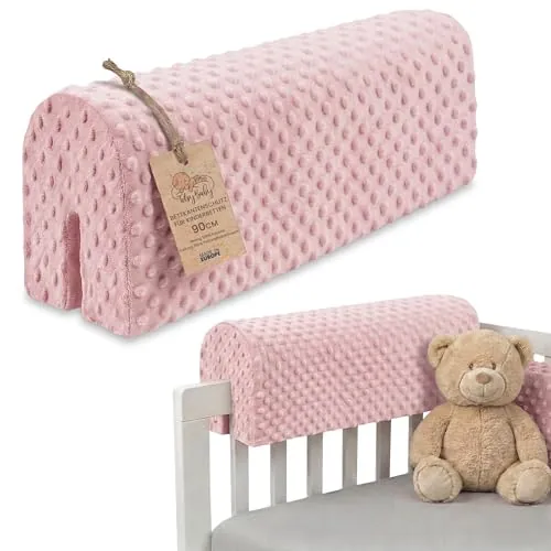Chichonera cuna protector de borde acolchado para cama infantil con funda | Parachoques acolchado en espuma con funda extraíble 90 cm suave al tacto barrotes en Minky Rosado