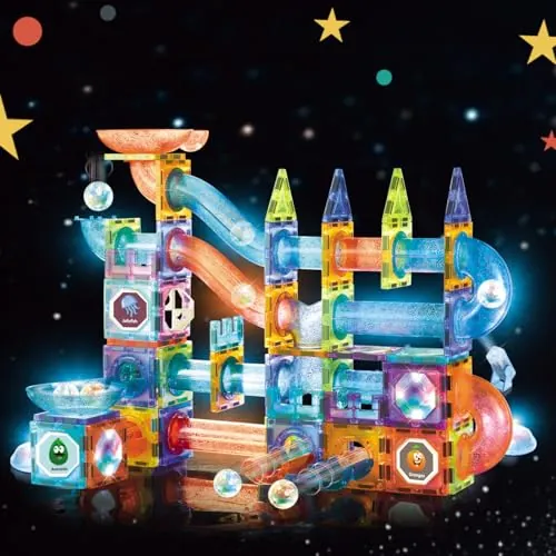 Bloques de Construcción Magnético 144 Piezas con Luz LED & Pista de Canicas - Juguete Educativo Stem para Niños 5-12 Años, Regalo Creativo Montessori