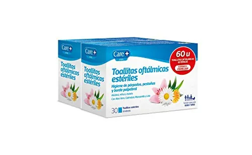 Care+, Toallitas Oftálmicas Estériles, Higiene de Párpados, Pestañas y Borde Palpebral, Con Aloe Vera, Caléndula, Manzanilla y Lirio, 60 Toallitas