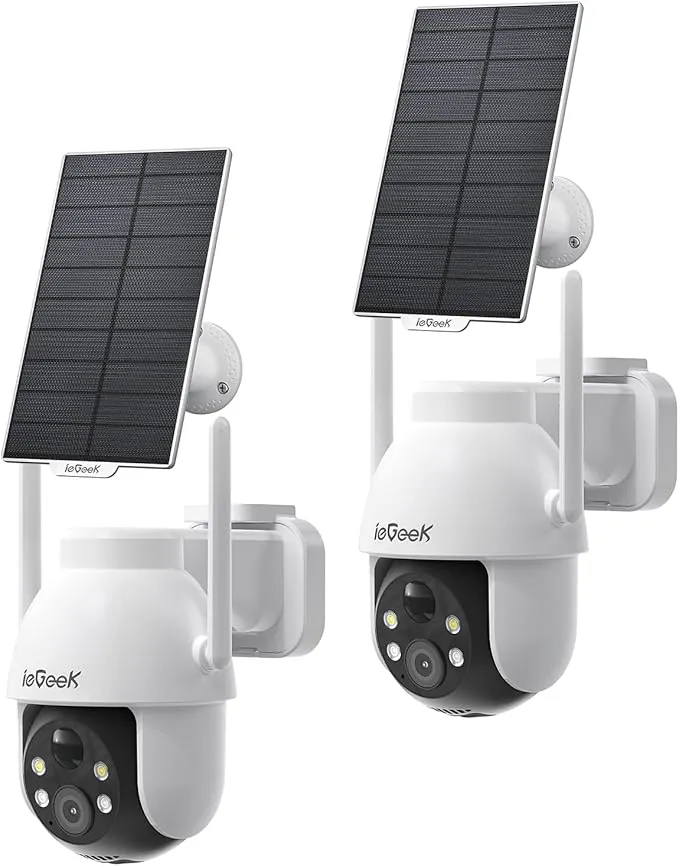 ieGeek 3MP Camara Vigilancia WiFi Exterior Solar con Bateria Sin Cables, Camara Vigilancia Exterior Solar Visión Nocturna Color, PTZ 360° App Remoto, Humana Detección, IP65, Voz Bidireccional (2PCS)
