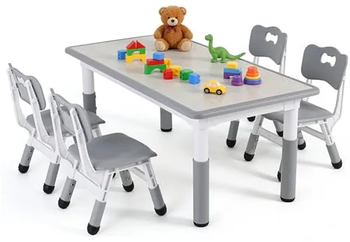 Mesa niños infantil con 4 sillas, grupo de mesa infantil en altura ajustable, juego de sillas para jardín de infantes y habitación infantil, grupo de asientos para y niñas a partir de 2 años, gris