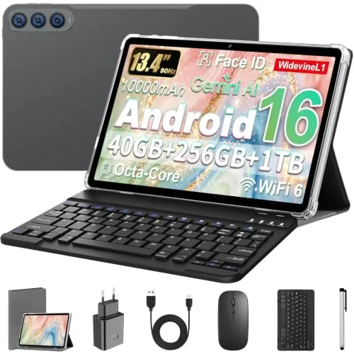 Android 16 Tablet 13,4 Pulgadas en Gemini AI, Tableta en Funda, Teclado, Ratón & Lápiz, Unisoc T615 Octa-Core, 40 GB RAM + 256 GB ROM + 1 TB TF, 1920x1200 Pantalla HD, Cámara Doble 5MP+13MP, 10000 mAh