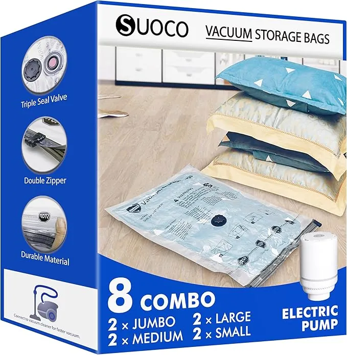 SUOCO Bolsas al Vacío Ropa, Juego de 8 Bolsas (2J + 2L + 2M + 2S) con Bomba Eléctrica, Bolsas de Almacenaje al Vacío para Ropa y Edredones, Viaje y Hogar, Resistente y Reutilizable