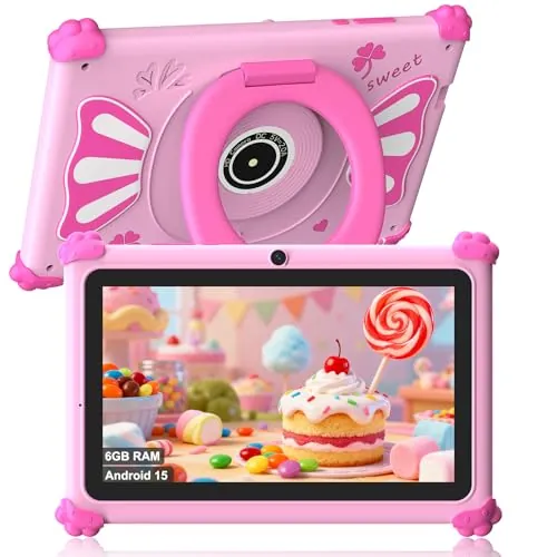 ascrecem Tablet Niños 7 Pulgadas Android 15 Tablet para Niños con 2.4G+5G WiFi6 Penta Core 6GB RAM 32GB ROM Tableta Infantil Doble Cámara 128GB Expandible Control Parental Juegos Educativos (Rosa)