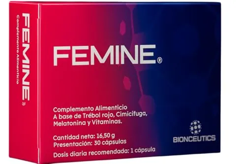 FEMINE® Alivia Síntomas de la Menopausia | con Cimicífuga Trébol rojo, Melatonina y Vitaminas B D E | Mejora el Sueño, Fortalece Huesos y Disminuye el Cansancio | 30 comprimidos 100% naturales