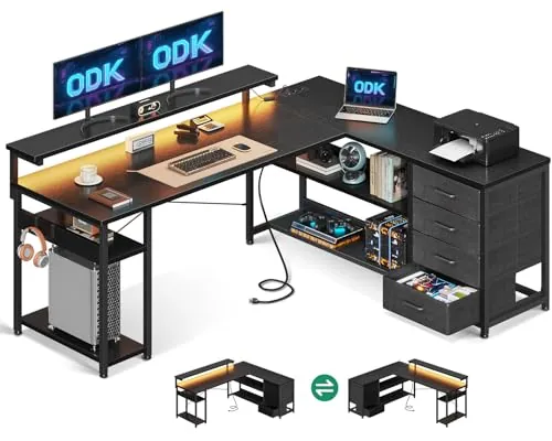 ODK Escritorio con Cajones, 155×110cm Escritorio Esquinero Reversible con 2 Enchufes y 2 Puertos USB, Mesa de Oficina en Forma de L con LED para Oficina en Casa, Negro