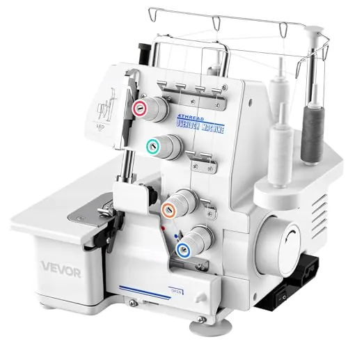 VEVOR Máquina de Coser Overlock, 1250 Puntadas por Minuto, Compatible con 3 y 4 Hilos, con Luz LED y Pies de Succión Fuertes, con Marco de Metal para Varios Tejidos, Blanco, 260 x 270 x 270 mm
