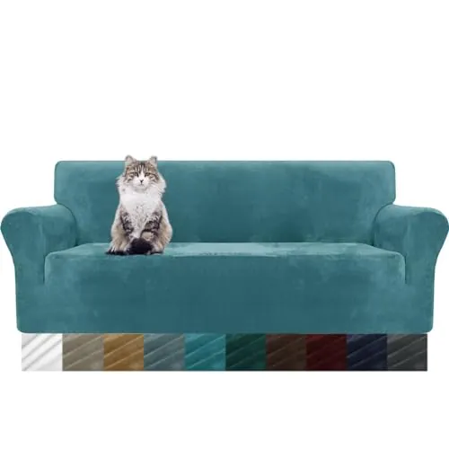 MAXIJIN Fundas de sofá de terciopelo grueso, 3 plazas, antideslizante, elástico, para perros, gato, 1 pieza, protector elástico para muebles, fundas de felpa para sofá (3 plaza, azul pavo real)