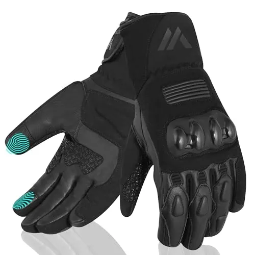 WESTWOOD FOX Guante de Moto para Hombre y Mujer. Guante térmico Impermeable de Invierno para Motocicleta de Cuero con Pantalla táctil para BMX ATV MTB Carrera y actividade al Aire Libre (Negro, S)