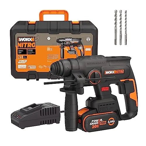 WORX WX381 Martillo ligero batería 20v Máx.Motor sin escobillas, perfora hormigón, mampostería y ladrillo de manera eficaz, hasta broca de 18mm, sistema anti vibración. 1 Batería 20V-4Ah y maletín