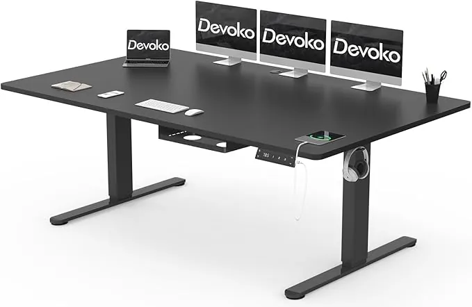 Devoko Escritorio Elevable Eléctrico 200 x 100 cm de Carga USB A, Escritorio Ajustable en Altura con Tablero, 3 Función de Memoria y Anticolisión, Regulable en Altura 72-116cm, Negro