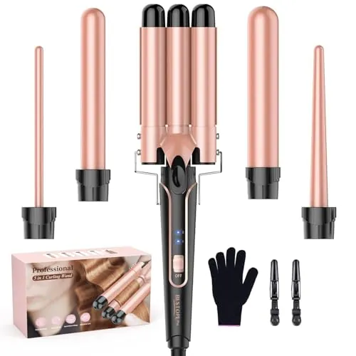 BESTOPE PRO Rizador de Pelo 5 en 1 con 3 Barriles Intercambiables – Ondas Grandes, Calentamiento Rápido, Ajuste de Temperatura, Tecnología Iónica, Guante Térmico y 2 Pinzas – Oro Rosa