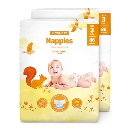 By Amazon Pañales ultra-secos - Talla 3 (4-9 kg), Con canales, Bianco, 172 Unidad (2 Paquetes de 86) - Nueva versión (Anteriormente una marca Mama Bear brand, el mismo producto)