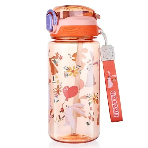 flintronic 20oz/600ml Botella de Agua Niños, Botella para Beber Pop-up, Botella de Agua Pajita para Infantil para Viajes Escolares Sin BPA, Sin Fugas, Reutilizable(Naranja)