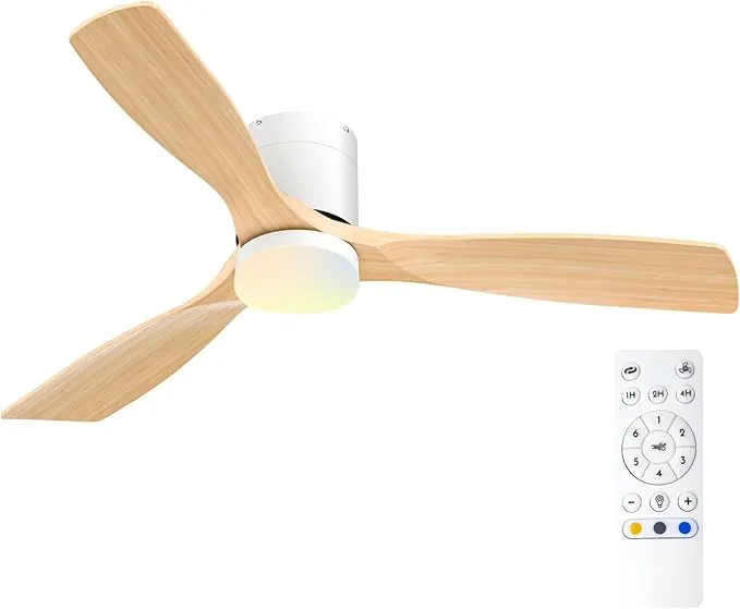 Passky Ventilador de Techo con Luz Silencioso 132cm 3 Aspas Madera Mando a Distancia Motor DC 3 Luces Regulables Modo Verano-Invierno 6 Velocidades Temporizador Interior/Exterior Blanco