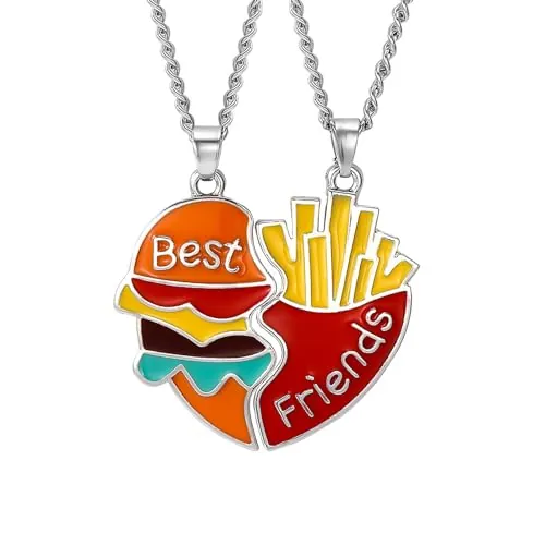 Ryaupy 2PCS BFF Collar con Colgante de Corazón - Amistad Mejores Amigos - Patrón de Hamburguesa y Papas Fritas - para Niñas Regalos de Cumpleaños Cadena Colgante Regalos