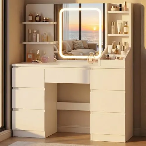 Devoko Tocador de Maquillaje con Espejo LED 3 Tonos Ajustables, Mesa de Maquillaje con 7 Cajones Grandes y Estantes de Almacenamiento, Cómoda de Dormitorio Moderna, 110 x 40 x 139 cm, Blanco