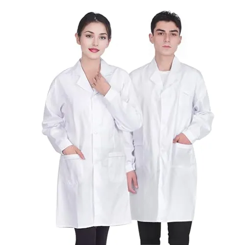 JXCTNNU Bata de Laboratorio Médica Blanca Hombre Mujer Larga Bata Blanca Manga Larga Uniformes Sanitarios Blancos con Bolsillos y Botones (L(173-176CM))