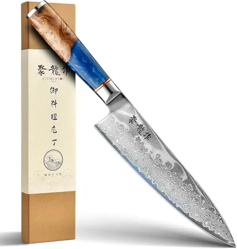 Atumuryou Cuchillo Japonés, 20 cm Cuchillo Damasco de 67 Capas, Cuchillo de Cocina Japonés VG10 Profesional, Mango Ergonómico Azul Océano, Regalo para Chef y Amantes de la Cocina