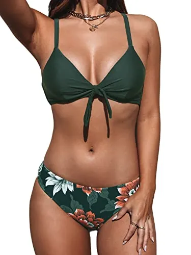 CUPSHE Conjunto de bikini de dos piezas para mujer, estampado floral, con lazo, Verde oscuro floral, X-Small