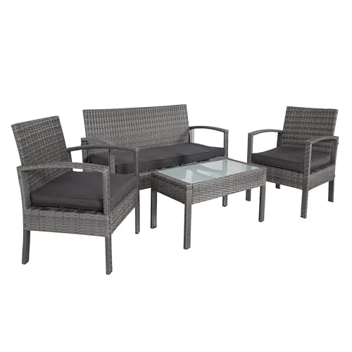 CASARIA Conjunto Muebles Jardín 4 Piezas Poliratán Mesa Cristal Gris
