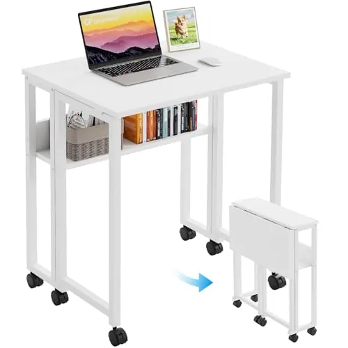 GreenForest Escritorio Plegable con Ruedas y Estante, Mesa de Ordenador Pequeña y Fácil Montaje, Ahorra Espacio en Oficina en Casa o Dormitorio, Blanco