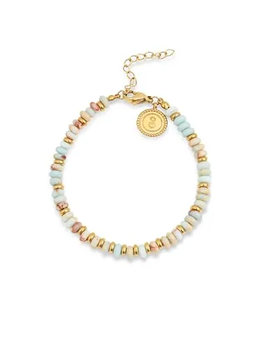 SINGULARU - Pulsera Full Daylight. Acero con Acabado en Baño Oro de 18Kt. Cristales de Colores y Beans en Acero. Joyas para Mujer