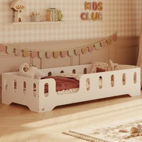 smartwood Cama Infantil 60x120 cm con Barrera, Madera, Blanco, TILA 2L