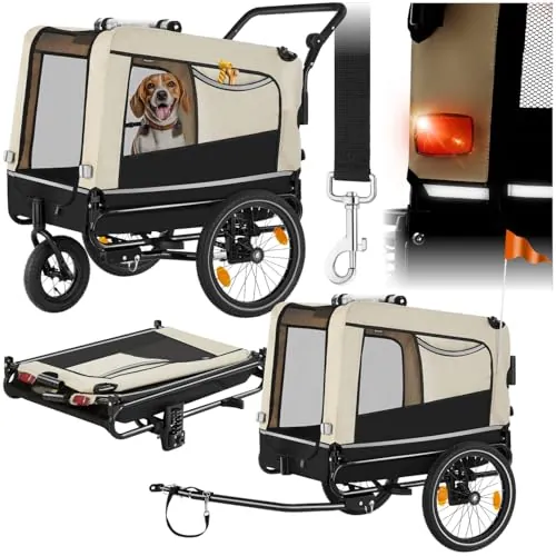 tectake® Remolque Bicicleta Perros Multifuncional, Carrito para Perros Plegable, Carro Perro con Manillar Extraíble, Remolque Bici 240L, Reflectores, Bandera, Arnés Seguridad, Carga Máx 40 kg - Beige