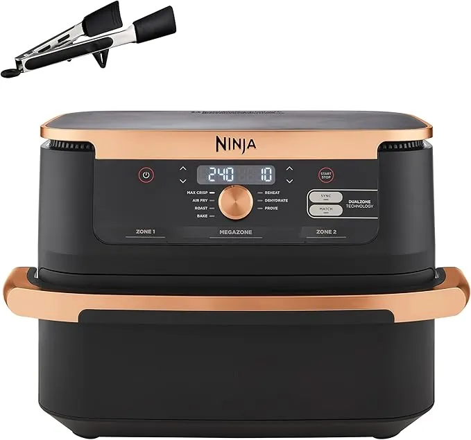 Ninja Foodi FlexDrawer Freidora de Aire Dual Zone, 10.4L, Air Fryer, 7 en 1, Freidora sin Aceite con 2 Cestas y Divisor Extraíble, Asa, Hornea, Frie, Pinzas Incluídas, Negro y Cobre, AF500EUCP