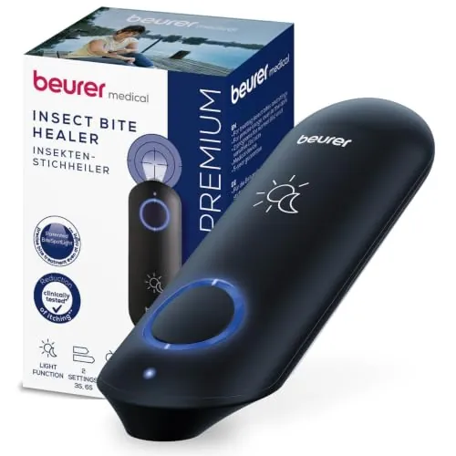 Beurer BiteX Day&Night BR 90 Aparato contra picaduras de insectos, dispositivo térmico electrónico para tratar picaduras y mordeduras de insectos, con luz para uso en la oscuridad, gadget de viaje.