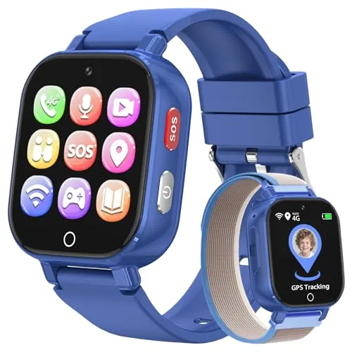 PTHTECHUS 4G Reloj Inteligente Niño con Videollamada, GPS, SOS, Chat de Voz, IP68 Impermeable, Modo Escuela, Podómetro, Despertador, Reloj Infantil Regalo para Niños Niñas de 4 a 12 Años (Navy-8A)