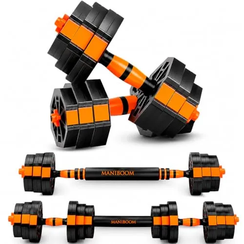 ManiBoom Mancuernas Ajustables 10kg 15kg 20kg 30kg 40kg 50kg - Kit de Pesas y Mancuernas 3 en 1 con Rosca de Seguridad, Barra Acolchada y de Guía de Ejercicios - Gimnasio en Casa