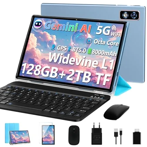 Último Tablet Gemini AI Android, Tablet 10 Pulgadas, 22GB+128GB/TF 1TB, Octa-Core 2.0GHz, 5G WiFi, Bluetooth5.0, 8000mAh Batería, 8MP+5MP, Widevine L1, GPS, Tablet con Funda, Teclado y Ratón - Azul