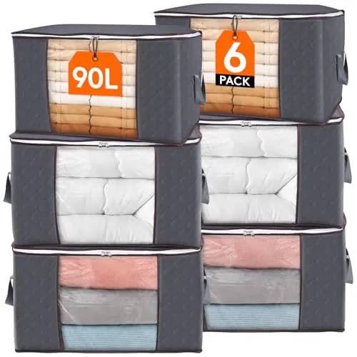 Lifewit Cajas Almacenaje Ropa, Bolsa almacenamiento ropa, Organizador Armario Plegable, Cajas Mudanza, Bolsas con Asa Reforzada para Guardar Ropa, Mantas, Edredones, Gris, 90L, 6 Piezas