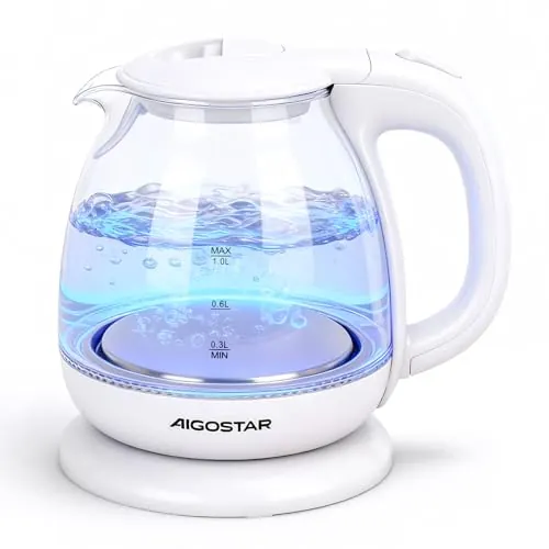 Aigostar Elvin - Hervidor de agua eléctrico, vidrio de borosilicato, 2200W, iluminación LED, capacidad 1L, Rápida ebullición, Protección contra la ebullición en seco, Libre de BPA, Blanco