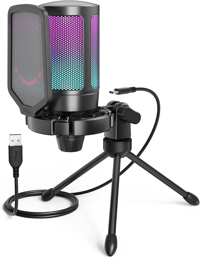 FIFINE Gaming Microfono para PC PS4 PS5, USB Condensador Micrófono de Cardioide para Ordenador Podcast Streaming Studio, con RGB, Botón de Silencio, Trípode, Filtro Anti-Pop, Soporte de Choque