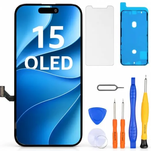 LL TRADER Pantalla para iPhone 15 OLED 6.1" y Kit de Reparación | Marco de Montaje para Digitalizador Táctil 3D Touch con Pantalla FHD, con Cinta Adhesiva Impermeable y Protector