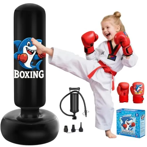 Qoosea Saco de Boxeo Niños 3-8 Años, 130cm Saco de Boxeo de Pie con Bomba de Aire y Guantes de Boxeo, Bolsa de Boxeo Inflable Estable para Karate, Kickboxing, MMA, Regalo Ideal para Niños y Niñas