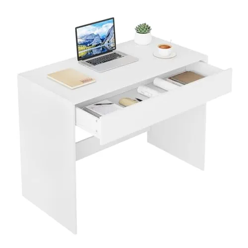 eSituro Escritorio con Cajón, Blanco, 100x50x75 cm | Resistente al Agua, Apertura Silenciosa, para Dormitorio y Estudio