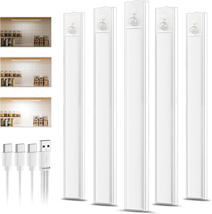 5 Pack 30CM Luces led Cocina Recargables, Luz Armario Sensor Movimiento Atenuable tipo C carga, Blanco frío Luz Sensor Movimiento Interior, Lampara Led para estantería, armario de escaleras