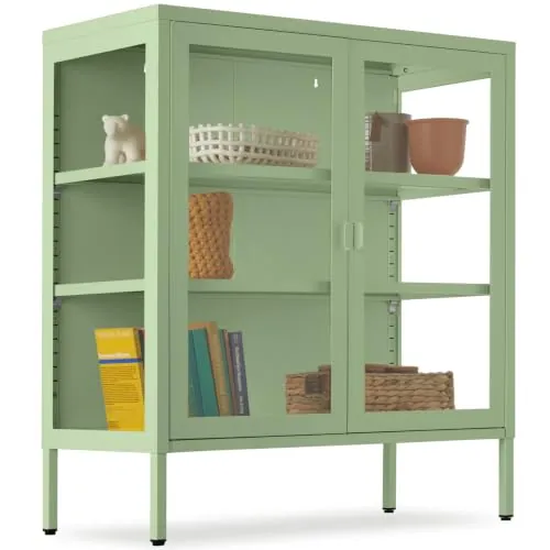 tectake® Vitrina metálica con 2 Puertas de Cristal, 80 x 37 x 90,5 cm | 3 Lados acristalados, Cierre magnético, Estantes regulables, regulable en Altura, con Recubrimiento en Polvo, verde Salvia