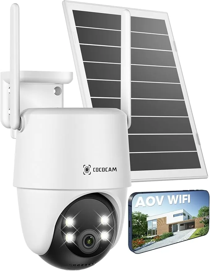 COCOCAM 24/7 Grabación AOV Camara Vigilancia WiFi Exterior Solar con 10000mAh Batería 8W Panel Solar, 2K PTZ, Detección IA, Seguimiento IA, Visión Nocturna 30 Metros, Audio Bidireccional, IP66