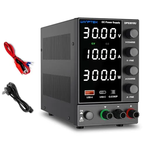 Wanptek Fuente de alimentación Laboratorio Regulable 30V 10A con Protección OCP, Carga Rápida USB-A/Tipo-C, Pantalla LED de 4 Dígitos y Regulación Precisa con Codificador